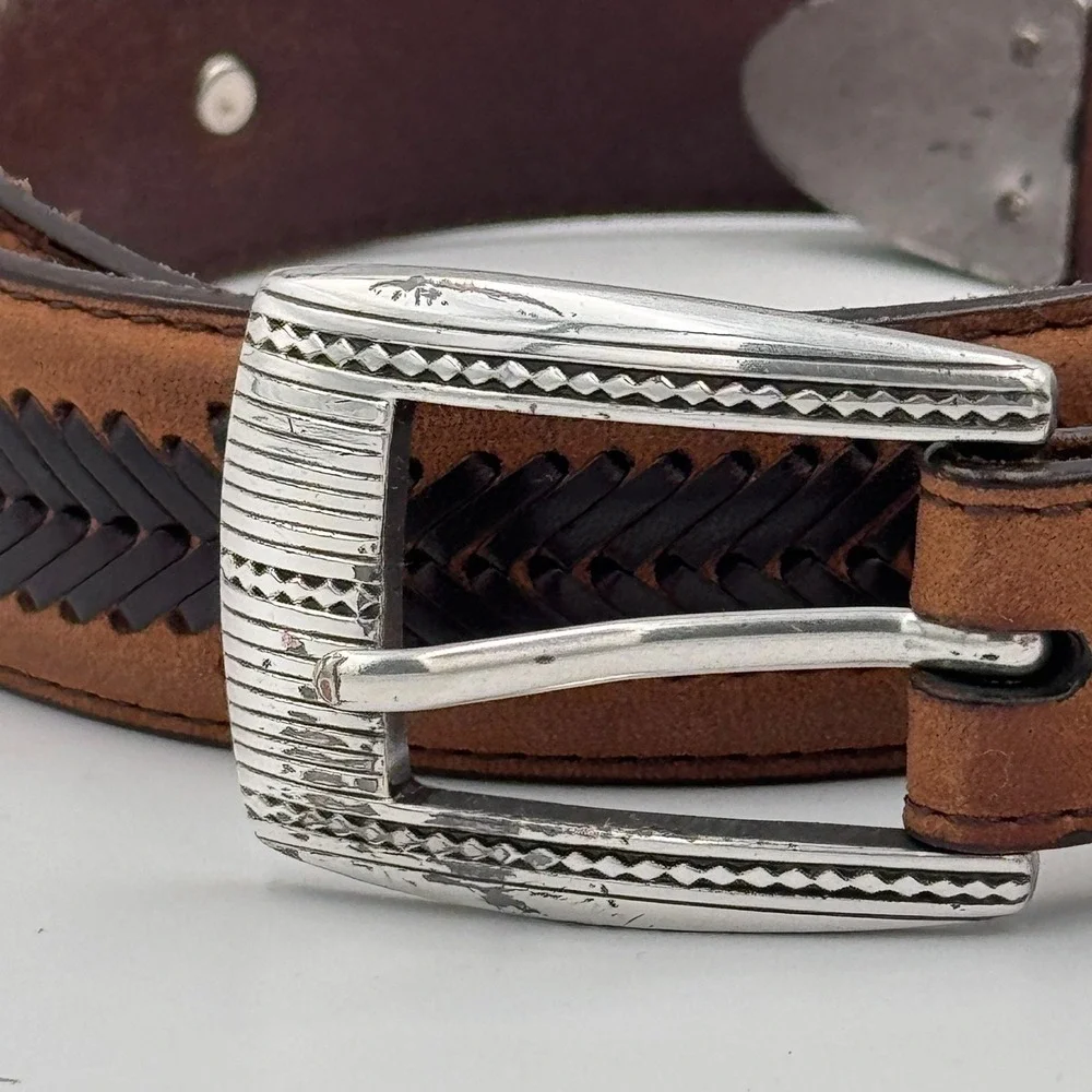 Brighton‎ Western Brown Leather Belt Engraved Buckle Metal Tip Cowboy Style